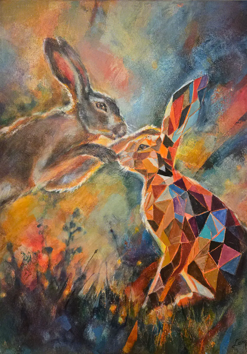 Harmoni i Skymningen: Geometriska Harar i Samspel - Akryl - Conceptual - 50×70 cm af Lana Blink