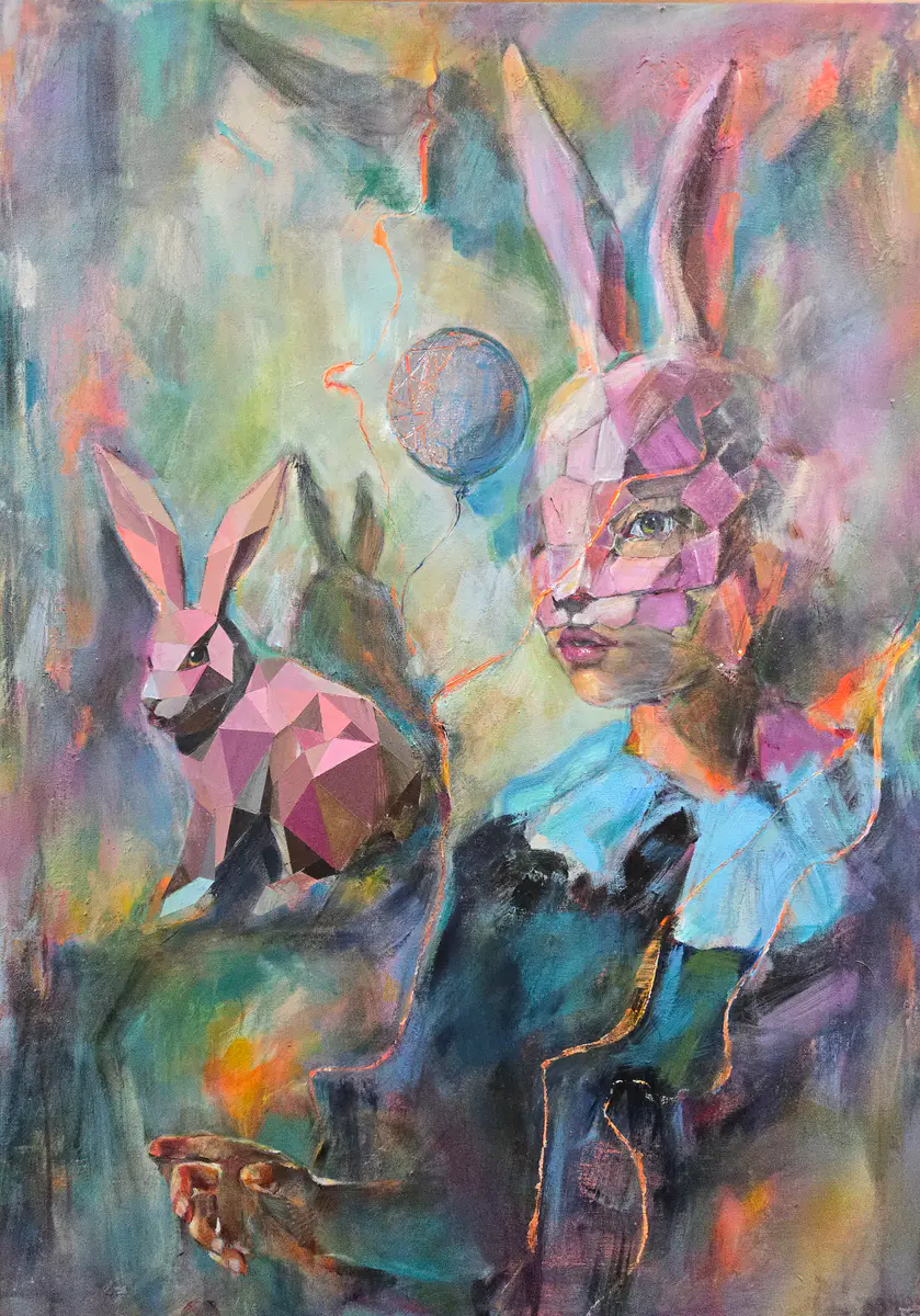 Möte med det Magiska: Den Rosa Kaninen - Akryl - Contemporary - 70×100 cm av Lana Blink