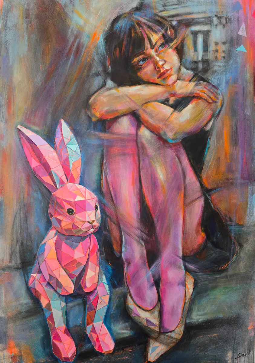 Reflektioner i Rosa och Blått: En Lekfull Vision - Akryl - Contemporary - 70×100 cm av Lana Blink
