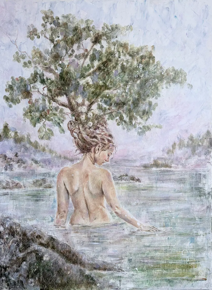 Ursprunget- Kvinna och natur - Öljyväri - Figurative - 60×80 cm taiteilija Selene Caspian