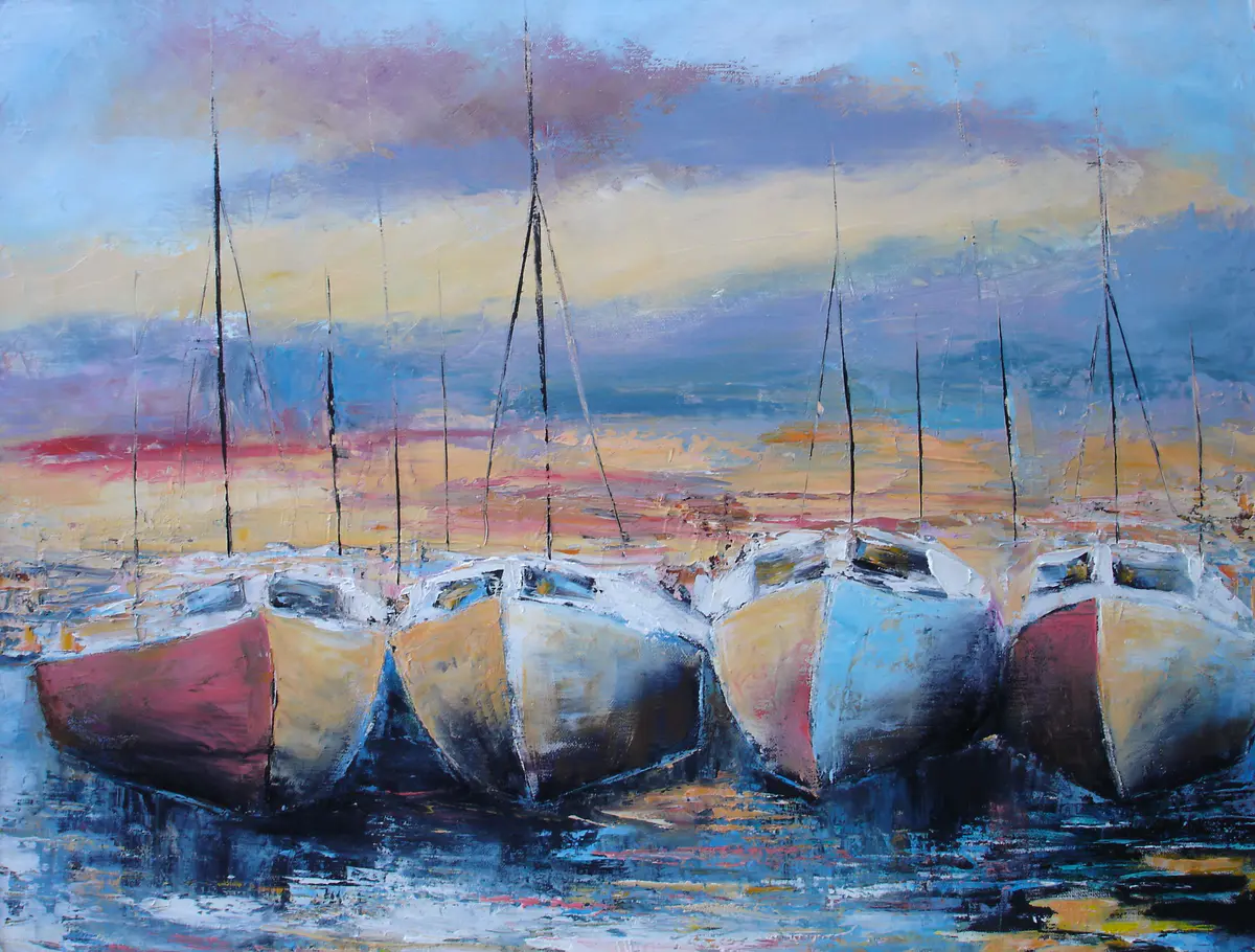 båthamnen i solnedgång - Olie - Landscape - 67×56 cm af Stig Karlsson
