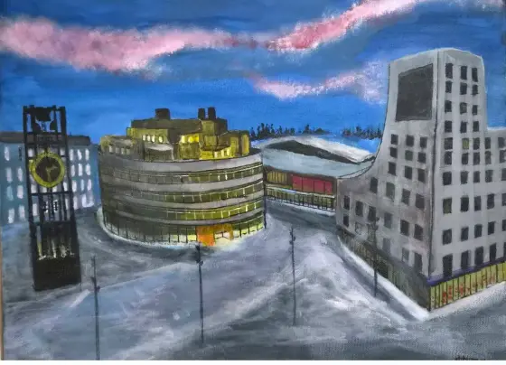 Norrsken över Kiruna nya centrum, - Akryl af Håkan Siggemo